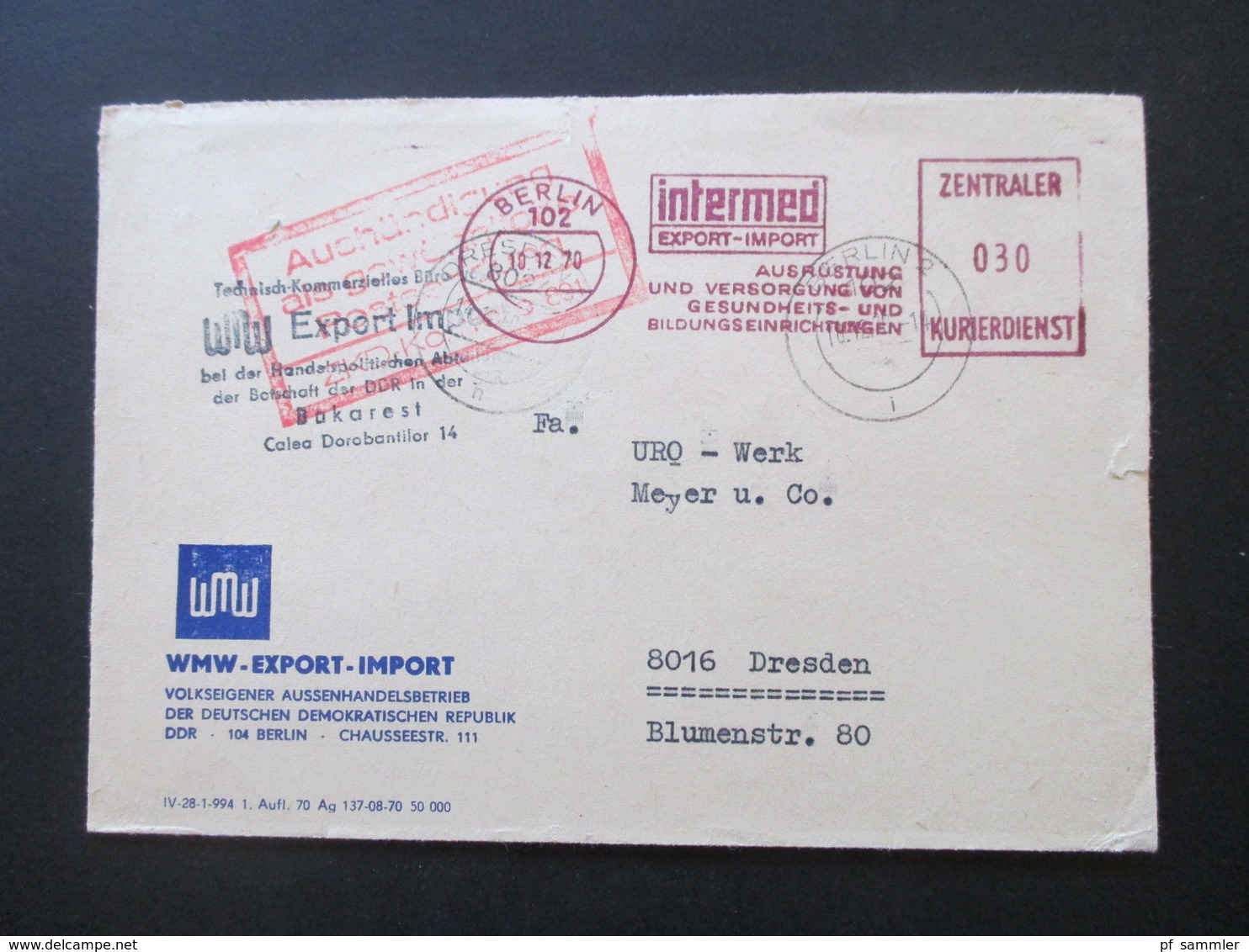 1970 ZKD Dunkel Violetter Freistempel Intermed Export -Import WMW Bei Der Handelspolitischen Abt. Der Botschaft Bukarest - Brieven En Documenten