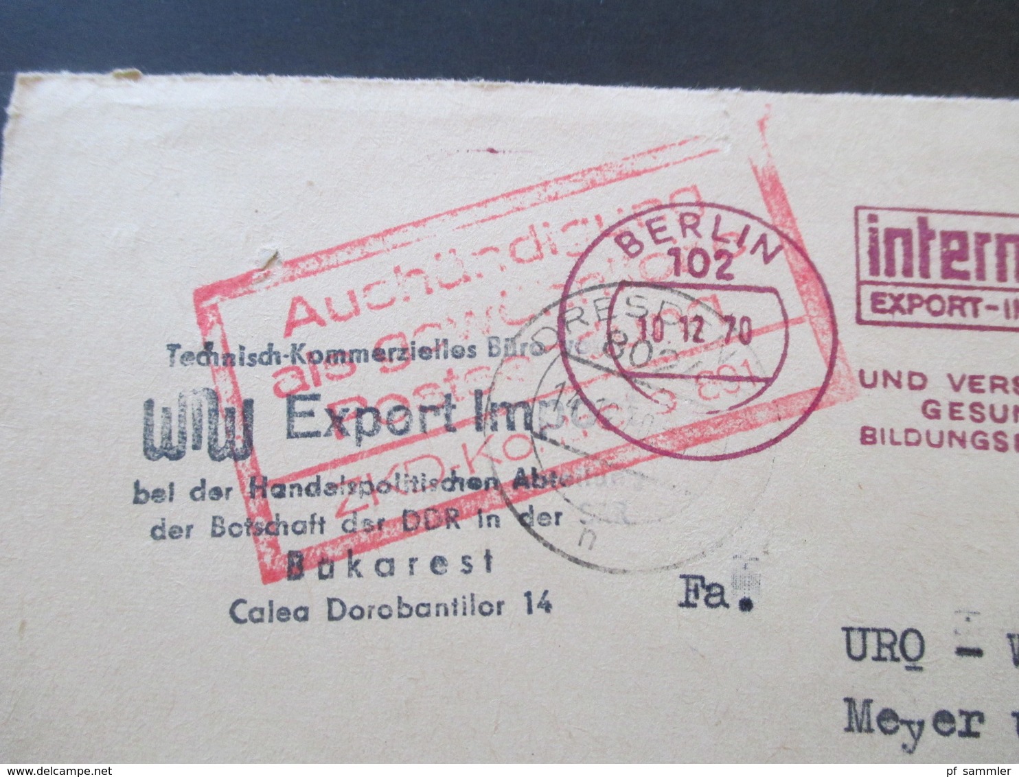 1970 ZKD Dunkel Violetter Freistempel Intermed Export -Import WMW Bei Der Handelspolitischen Abt. Der Botschaft Bukarest - Cartas & Documentos