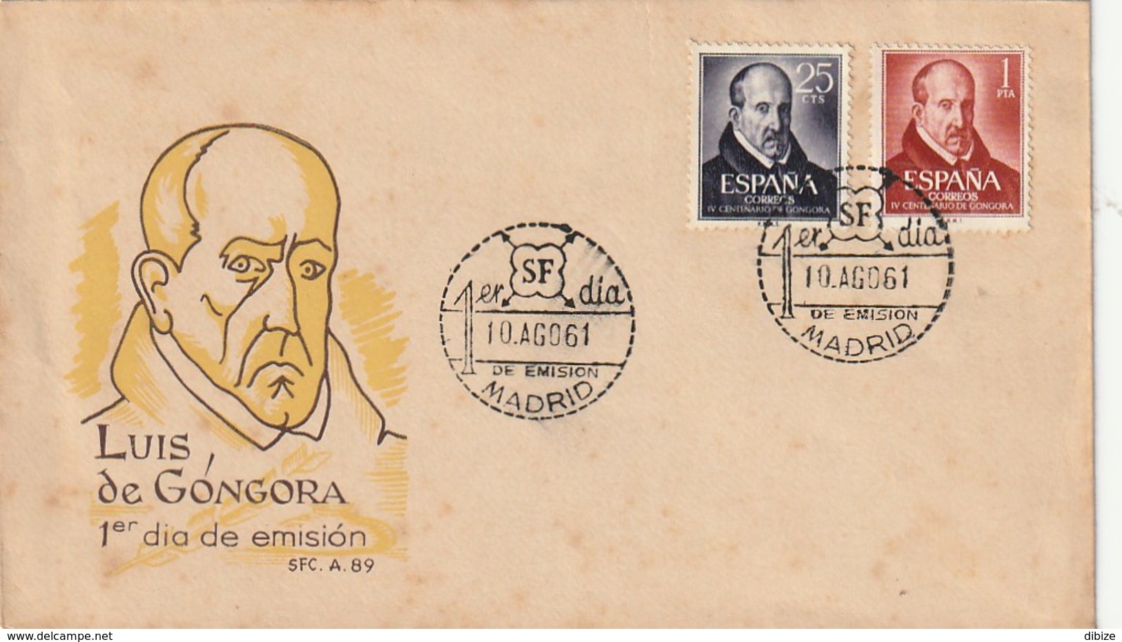 España. Sobre De Primer Dia Con 2 Sellos De Luis De  Góngora.  Año 1961. Condición Media. Manchas. Amarillada. - Ecrivains