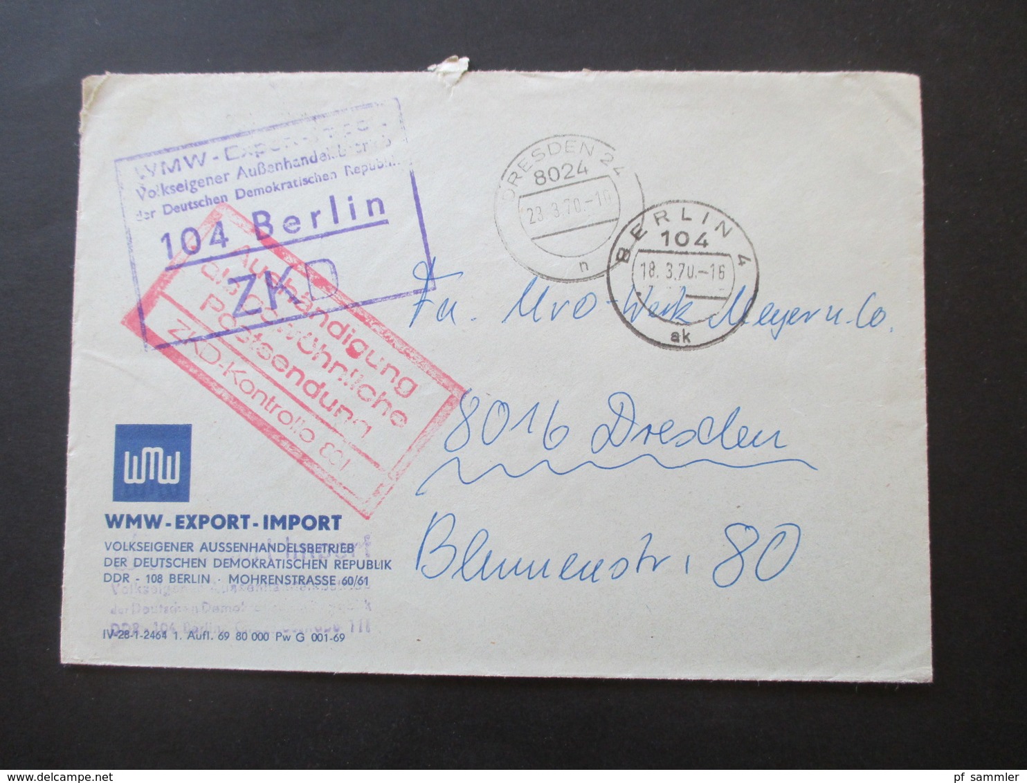 DDR 1970 ZKD WMW Export - Import Volskeigener Außenhandelsbetrieb Der DDR Aushändigung Als Gewöhnliche Postsendung - Lettres & Documents