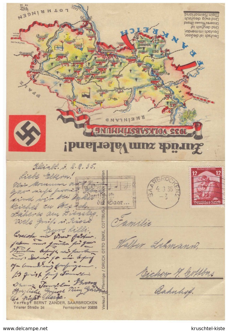 Dt.- Reich (009372) Propagandakarte Zurück Zum Vaterland Doppelkarte Volksabstimmung 1935 Saarland, Gelaufen Saarbrücken - Storia Postale