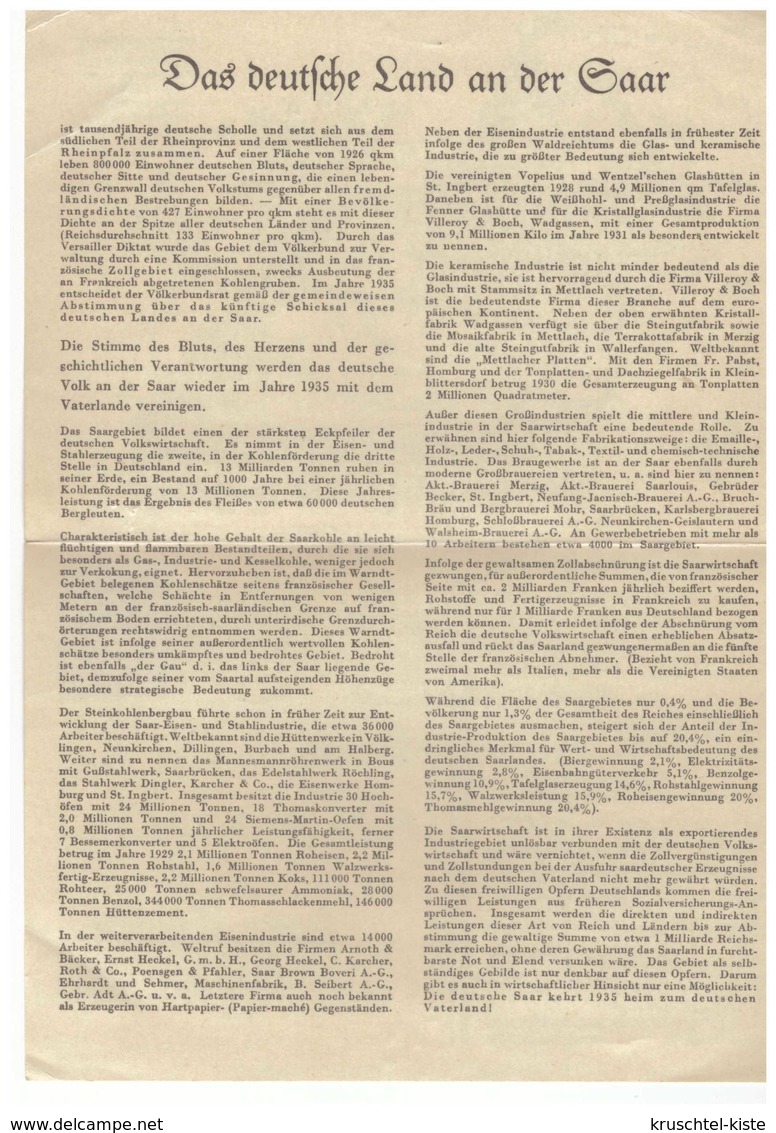 Dt.- Reich (009372) Propagandakarte Zurück Zum Vaterland Doppelkarte Volksabstimmung 1935 Saarland, Gelaufen Saarbrücken - Lettres & Documents