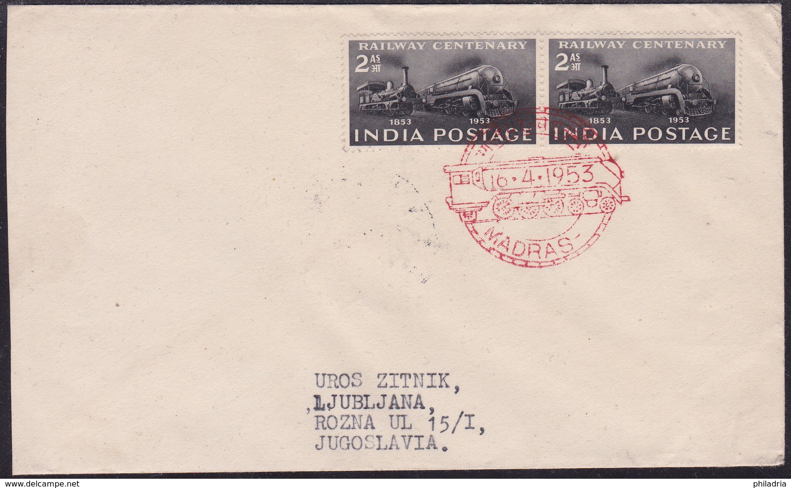 India, Railway, 1953, Commemorative Cancellation Madras, Sent To Yugoslavia - Trains