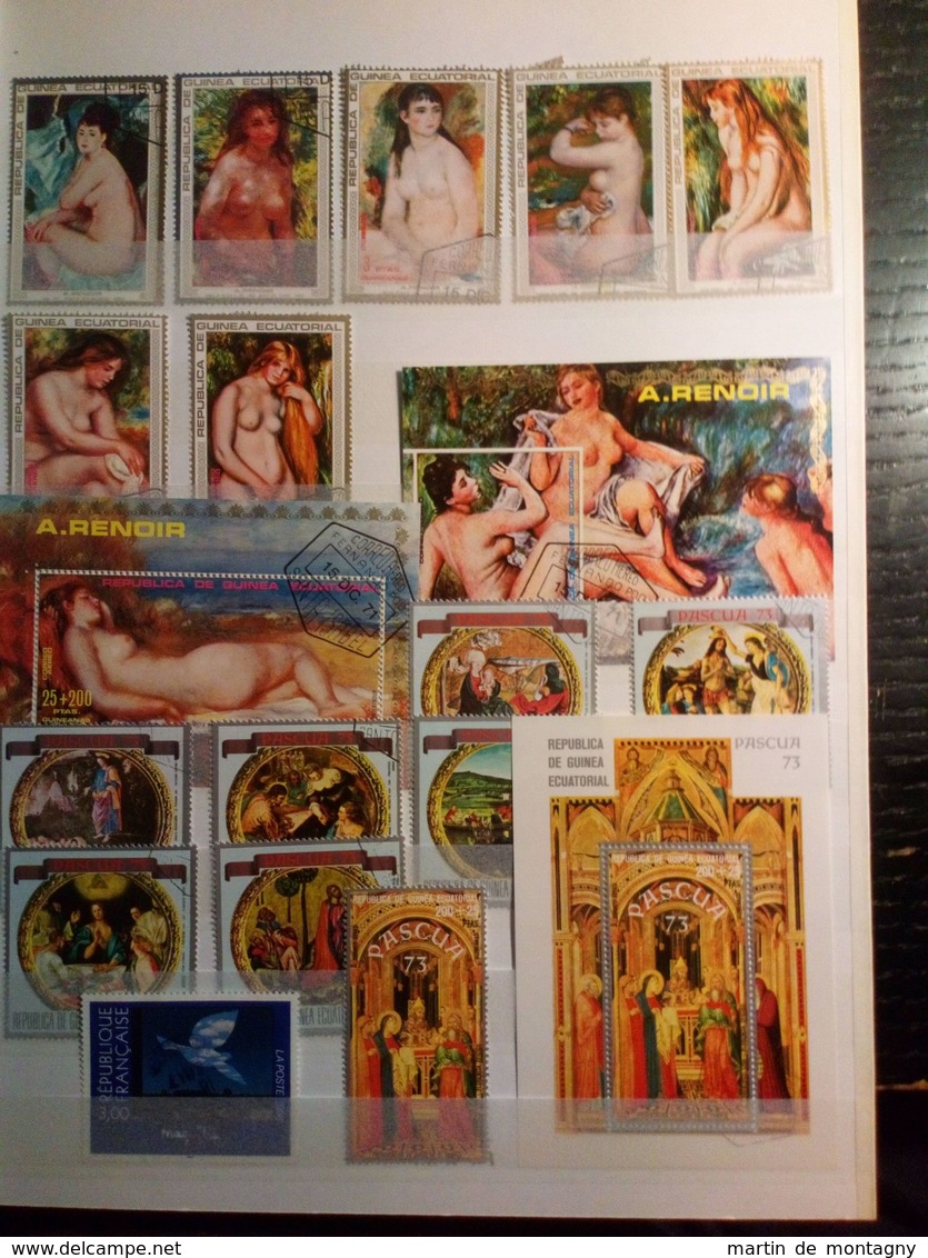 Timbres à Motifs, Peintures, Noël, Pâques, Femmes Nues, Rubens, Renoir, Cervantes, Et Sport Divers, En Album Vert - Sammlungen (im Alben)