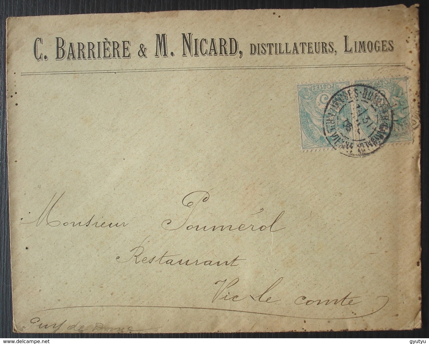 Limoges 1906 C. Barrière & M. Nicard Distillateurs, Affranchie Avec Une Paire De 5 Centimes Type Blanc - 1877-1920: Période Semi Moderne