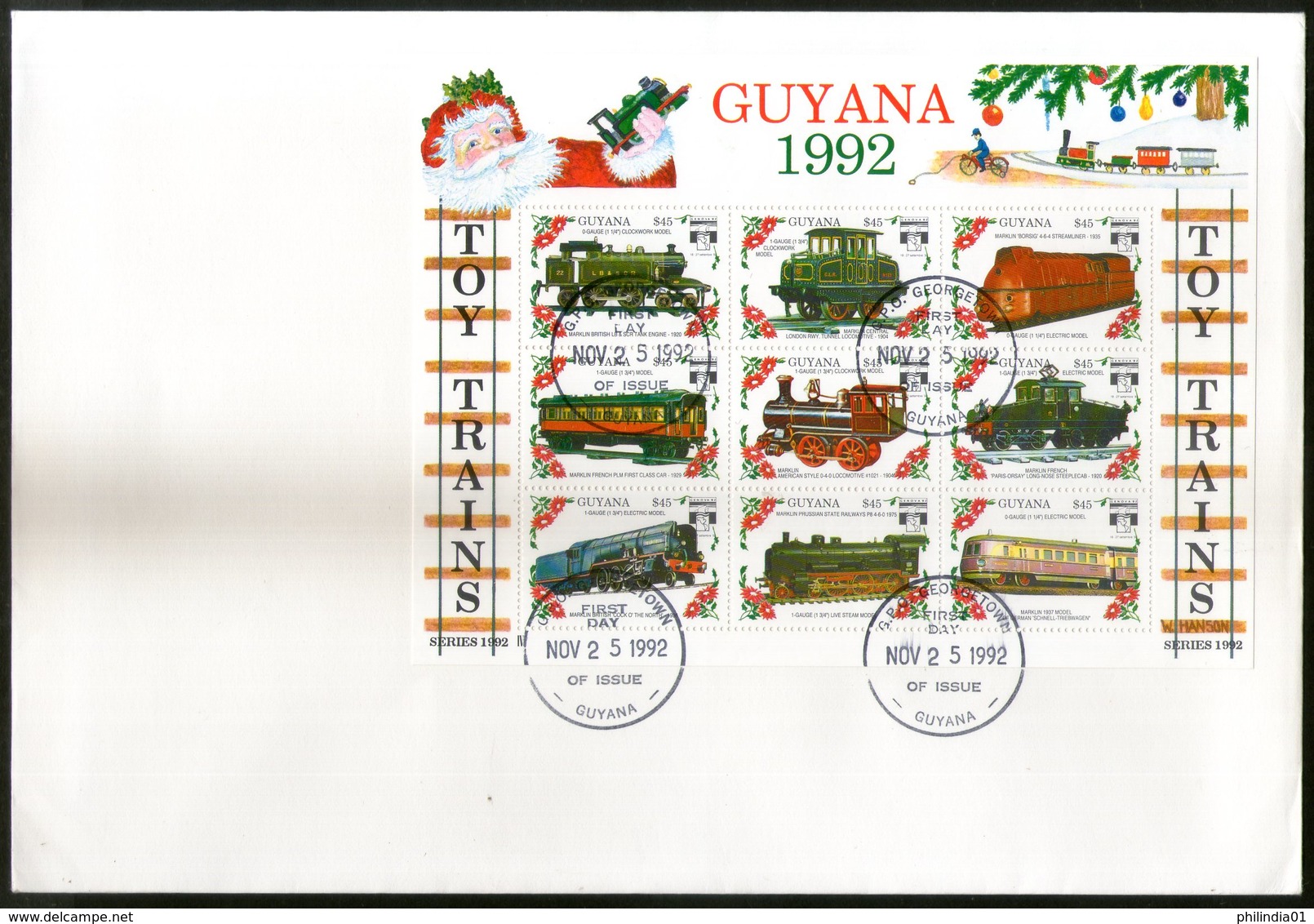 Guyana 1992 Toy Trains Locomotive Railway Sc 2622 Sheetlet FDC # 15202 - Trains