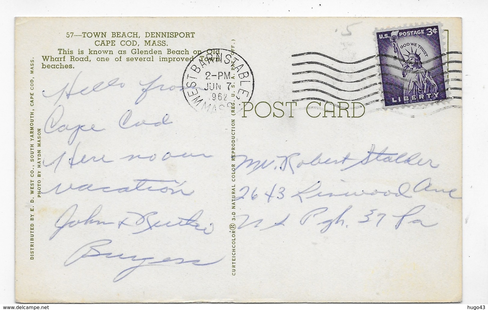 (RECTO / VERSO) DENNIS PORT EN 1962 - N° 57 - GLENDEN BEACH - BEAU TIMBRE - FORMAT CPA VOYAGEE - Cape Cod