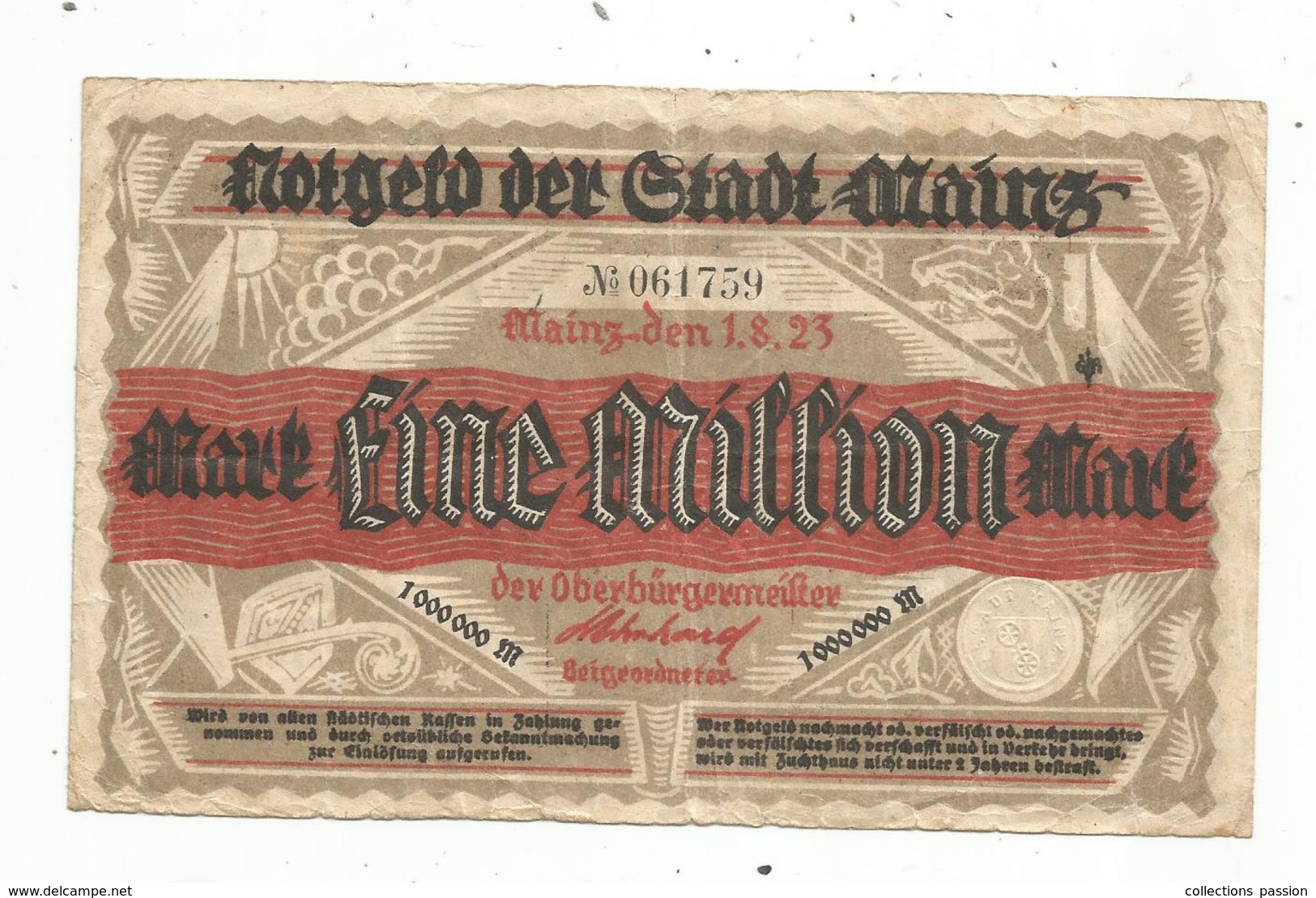 Billet , Allemagne , MAINZ , Eine , 1 Million Mark , 1.8.23 , 1923 , 2 Scans - Zonder Classificatie