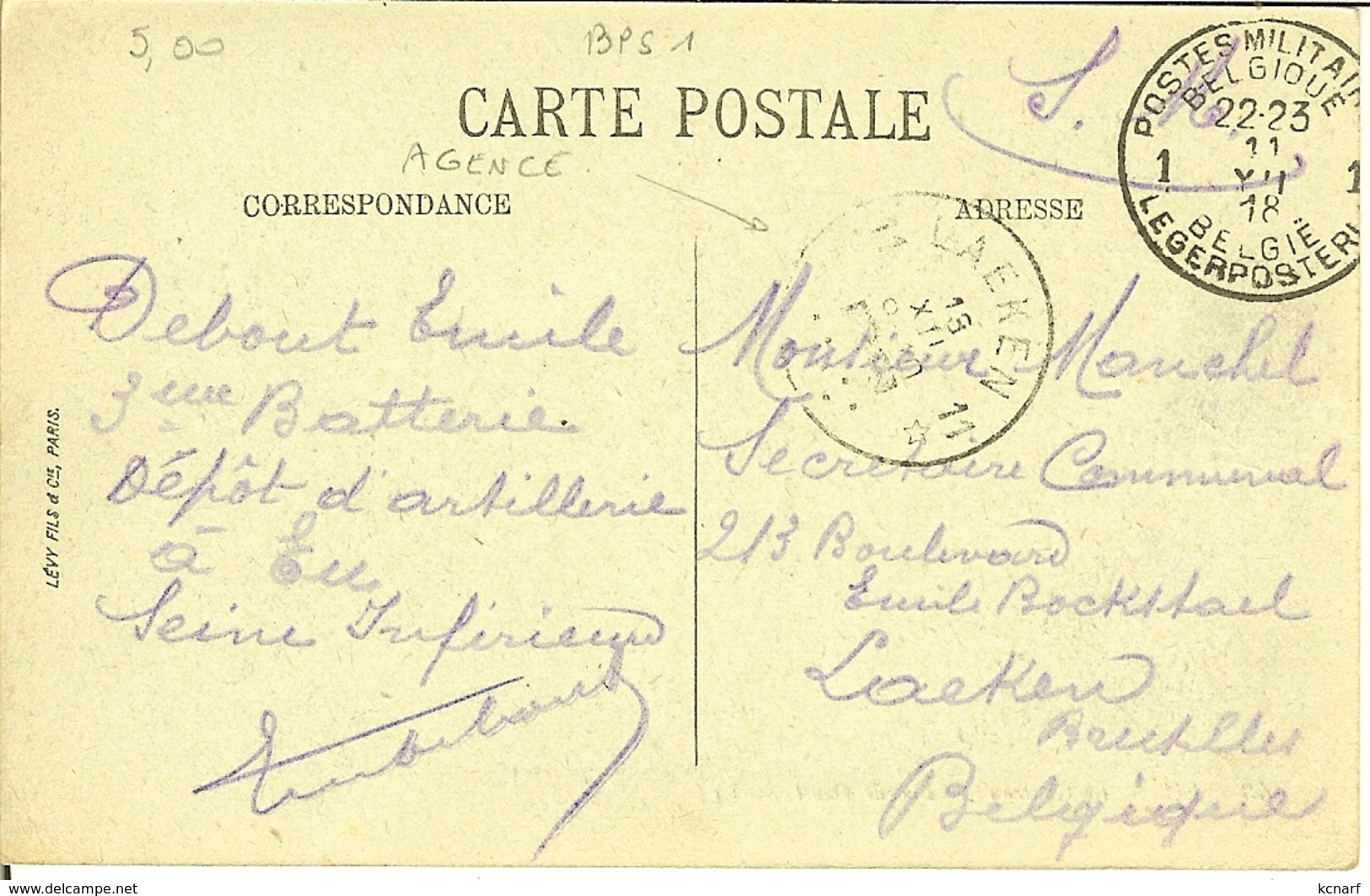 Cp De EU " Le Château " Avec Cachet Agence LAEKEN 11 Et Cachet Militaire Belge 1 De 1918 . - Postmarks With Stars