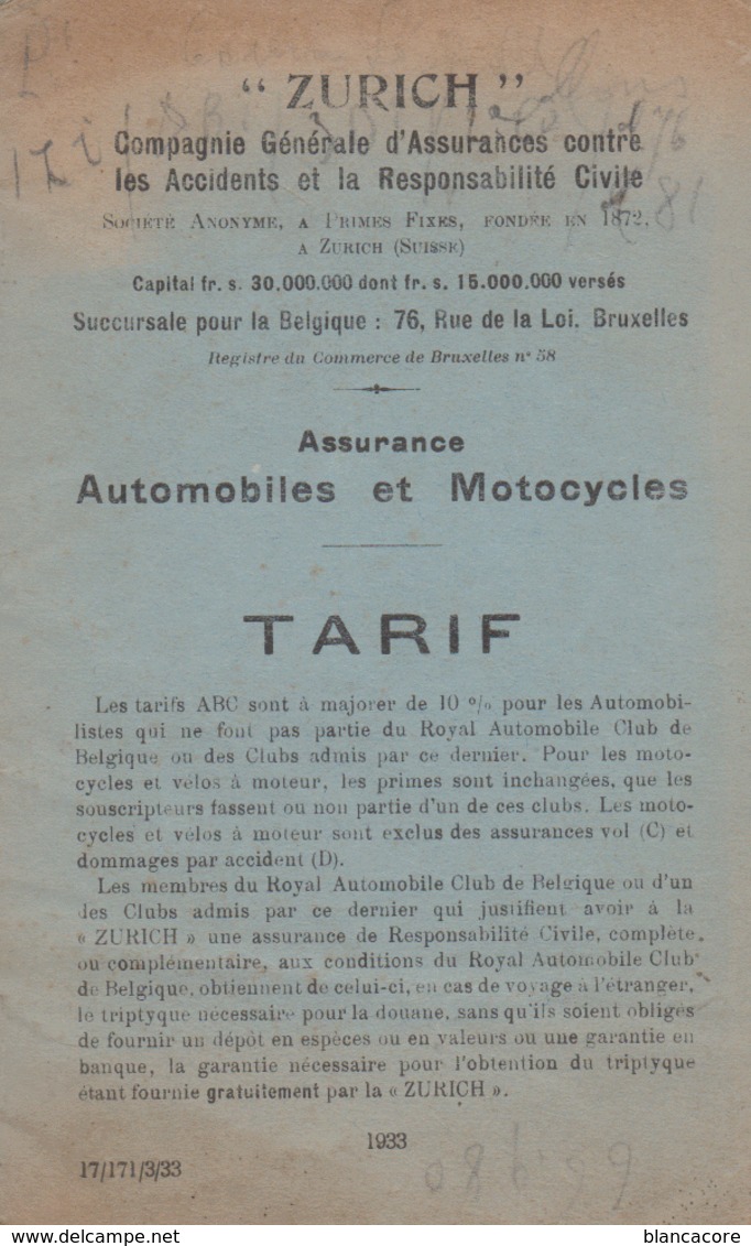 En 1933 Tarif Assurance Pour Auto Automobile  & Moto Motos  Compagnie Zurich En 12 Pages - Cars