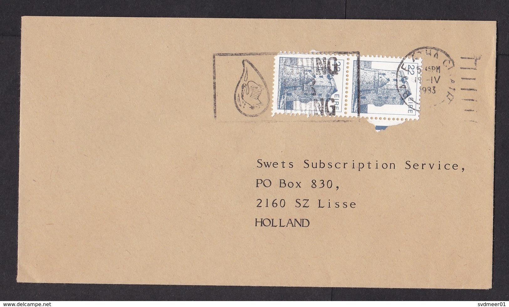 Ireland: Cover To Netherlands, 1983, 2 Stamps, Castle, Cancel Giving For Living, Slogan Blood Donation (1 Stamp Damaged) - Lettres & Documents