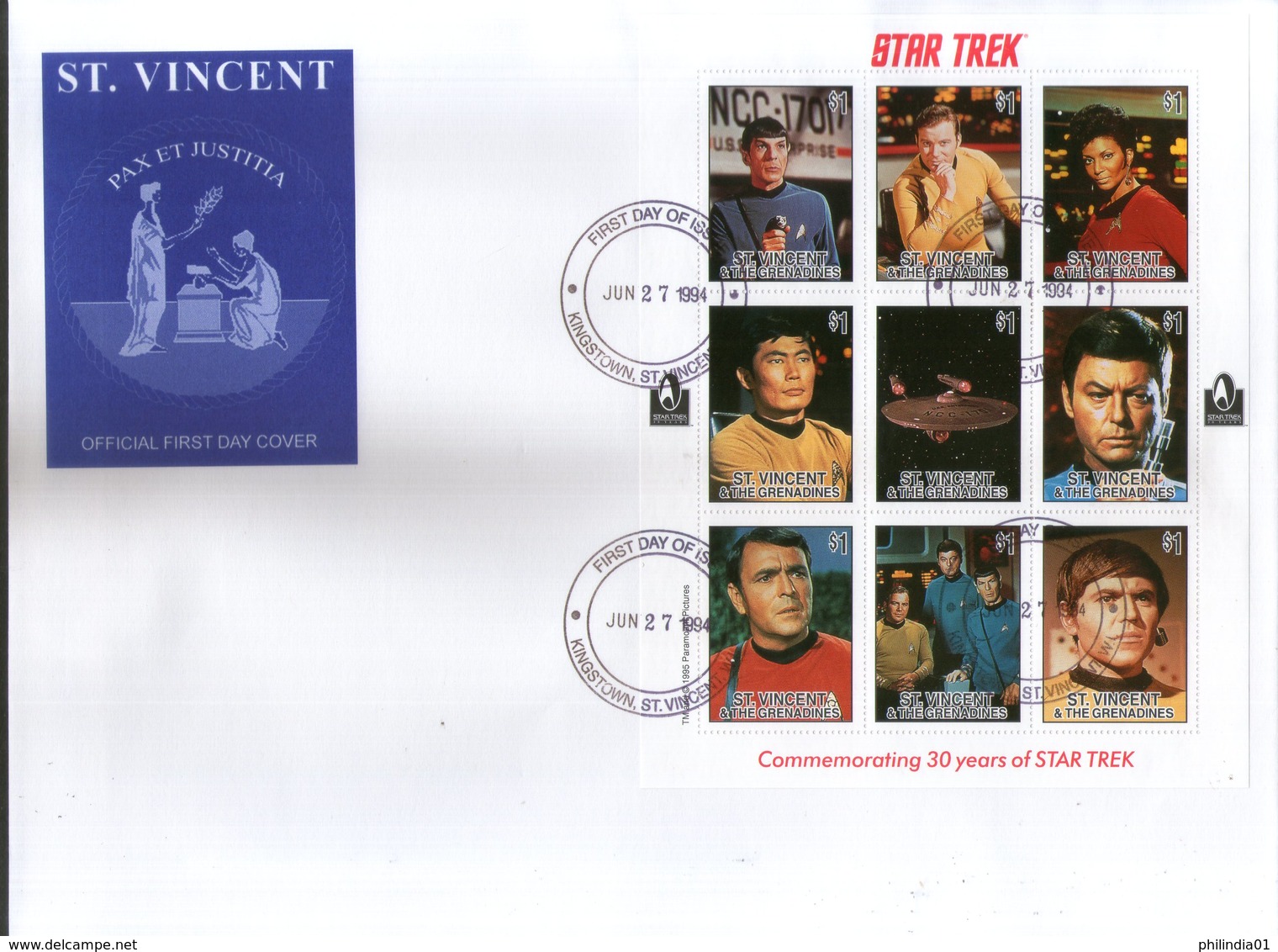 St. Vincent 1994 Star Trek Cinema Film Sc 2244 Sheetlet FDC # 10800 - Cinema