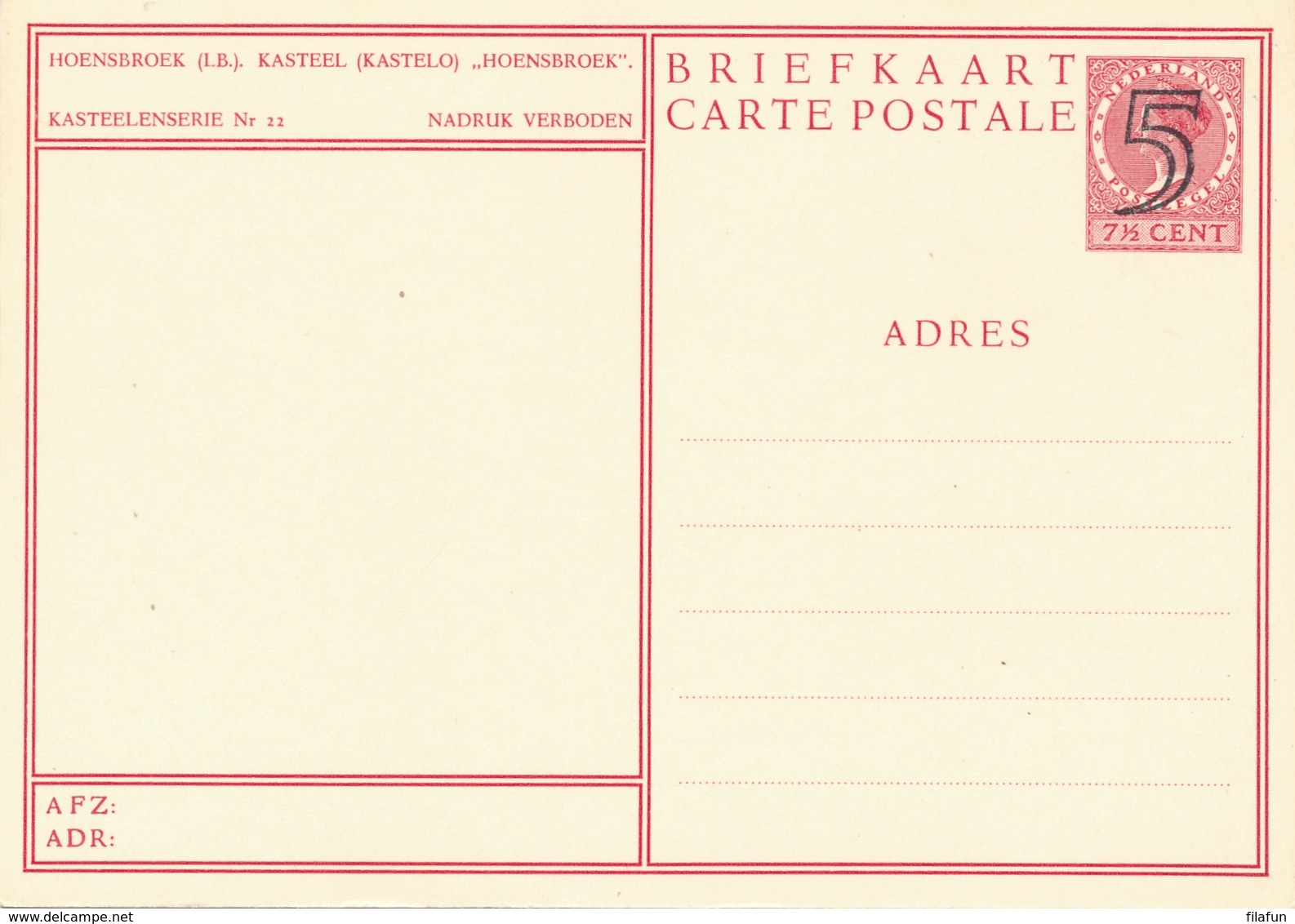 Nederland - 1946 - 5 Op 7,5 Cent Veth, Fotokaart Hoensbroek Kasteel Hoensbroek, Briefkaart G286v - Ongebruikt - Entiers Postaux