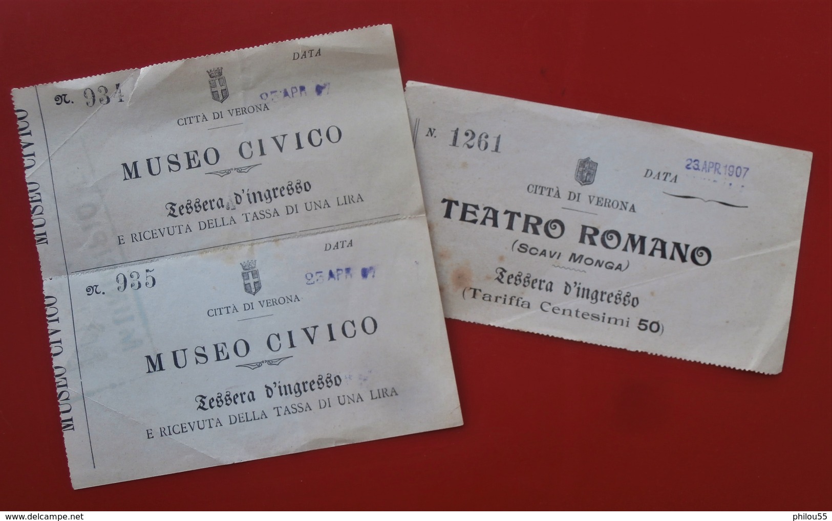 Lot De 3 Italie Lessera D'ingresso CITTA DI VERONA MUSEO CIVICO Et TEATRO ROMANO 1907 - Tickets - Vouchers