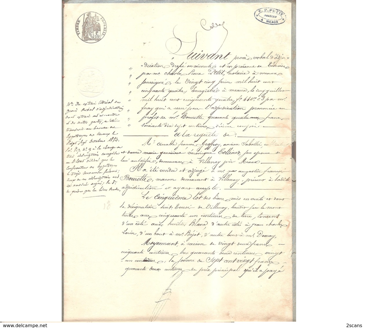 Dépt 77 - VILLENOY - 1854 - Vente à M. BOURETTE (adjudication à La Requête De M. Et Mme GEOFFROY) - Meaux - COLLINET - Villenoy
