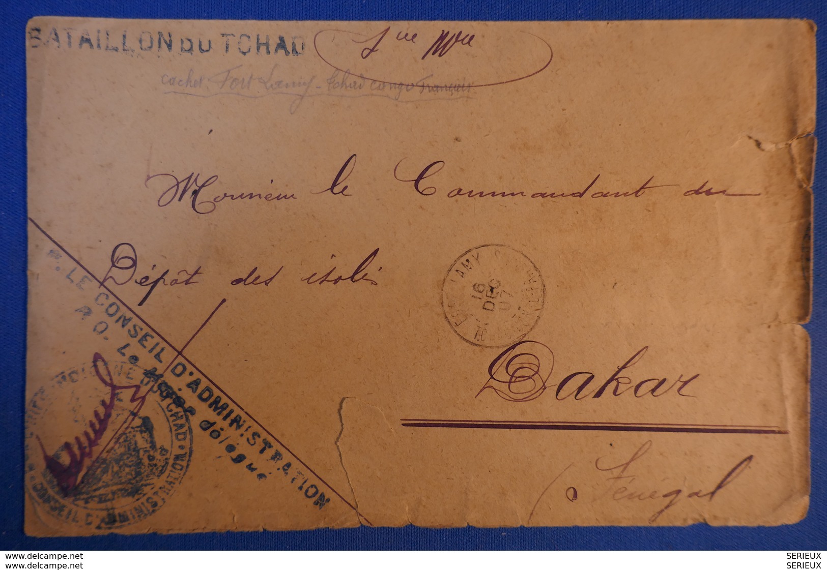 464 SENEGAL RARE LETTRE 1907 BATAILLON DU TCHAD POUR DAKAR +CACHET FORT LAMY + CACHET CONGO FRANCAIS - Briefe U. Dokumente