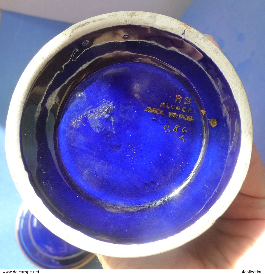 Old Pottery RB Alcobaca Portugal Cobalt Blue Gold Hand Painted Jar Canister lid