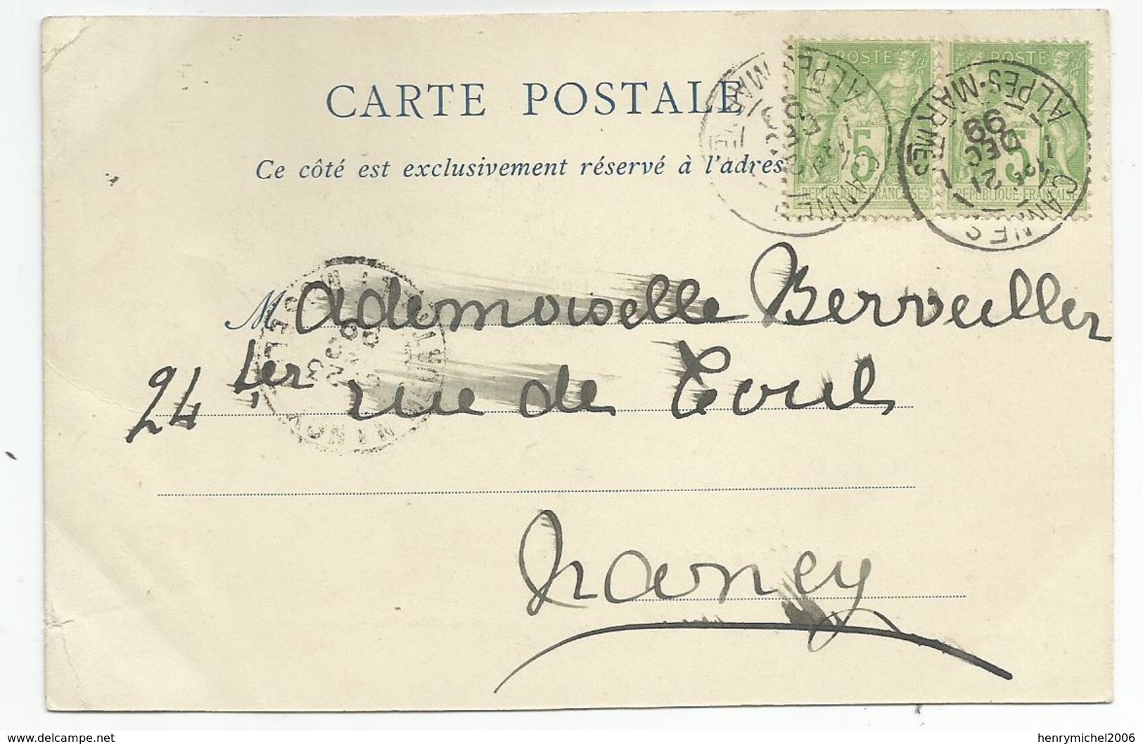 Marcophilie 2 Timbres 5c Vert Cachet Cannes 06 Pour Nancy - 1877-1920: Période Semi Moderne