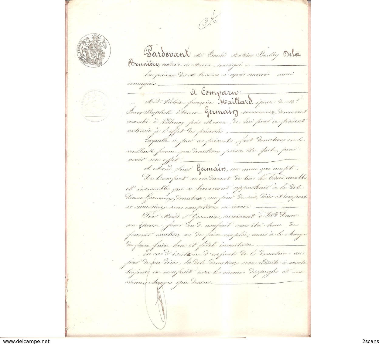 Dépt 77 - VILLENOY - 1851 - Lot de 2 documents : Donation par M. GERMAIN à son ÉPOUSE (née MAILLARD) + réciproquement