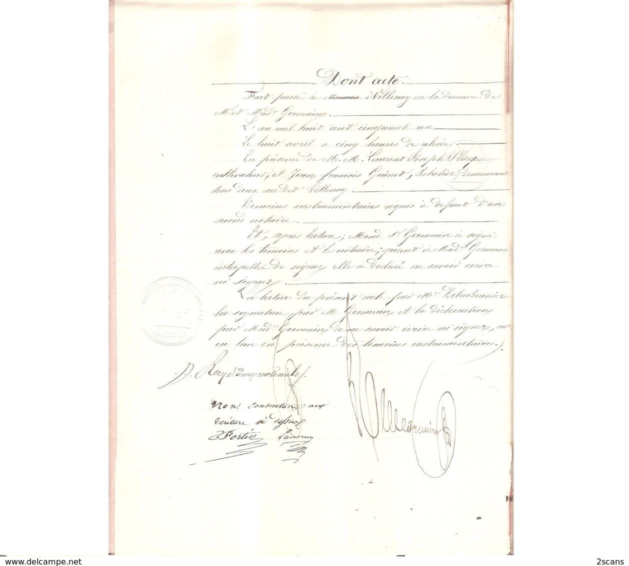 Dépt 77 - VILLENOY - 1851 - Lot de 2 documents : Donation par M. GERMAIN à son ÉPOUSE (née MAILLARD) + réciproquement