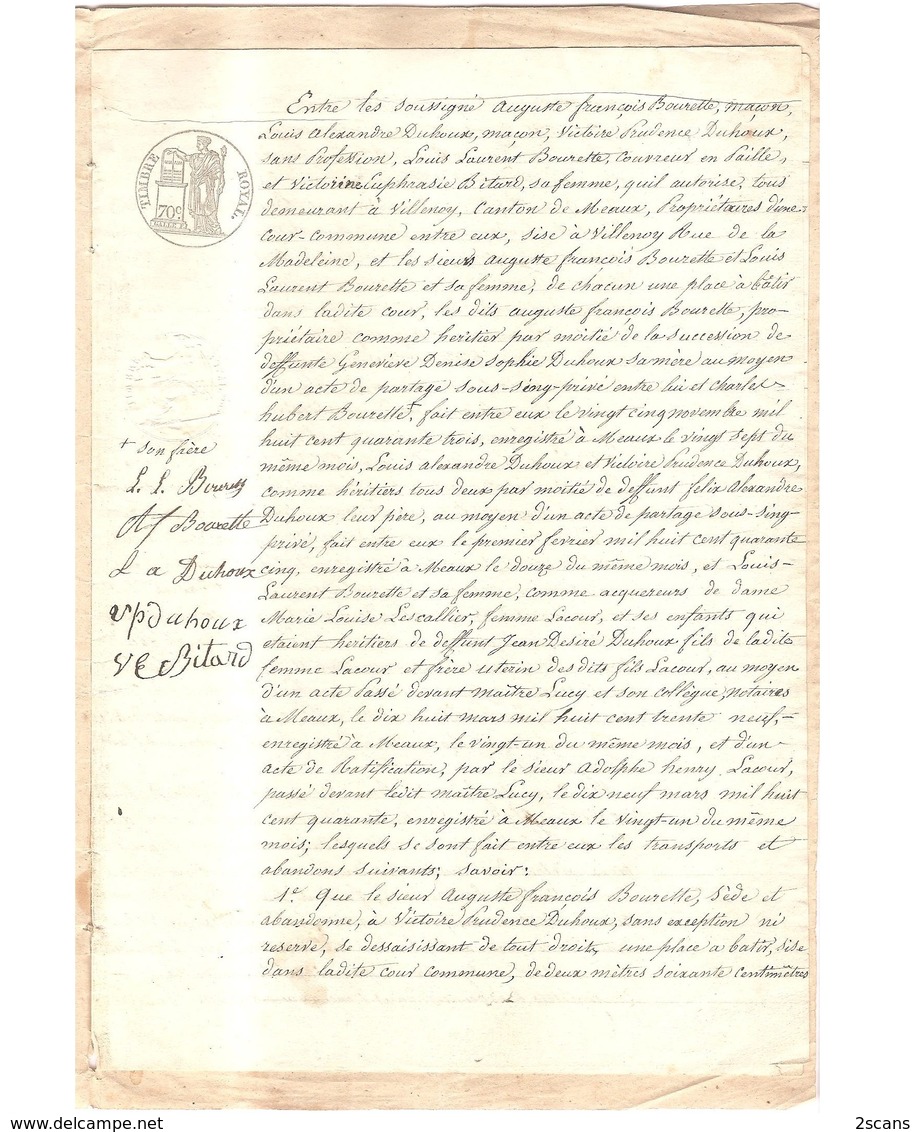 Dépt 77 - VILLENOY - 1846 - Transports Et Abandons (concernant Cour Commune à Villenoy) Entre BOURETTE, DUHOUX, BITARD - Villenoy