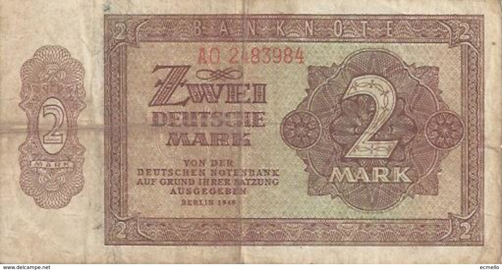 GERMANY DEM. REP.  P10B 2 MARK 1948 F / VF - 2 Deutsche Mark