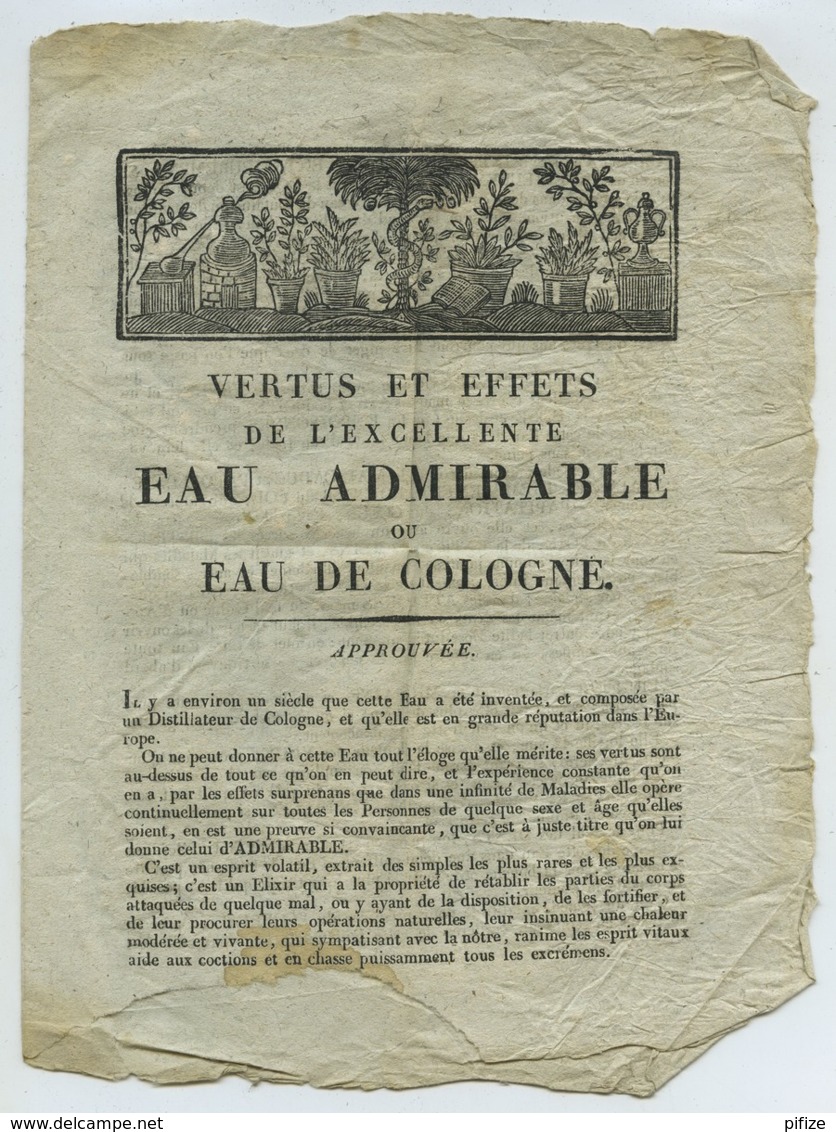 Vertus Et Effets De L'excellente Eau Admirable Ou Eau De Cologne . Publicité XVIIIe . Parfum . Pharmacie . - Advertising