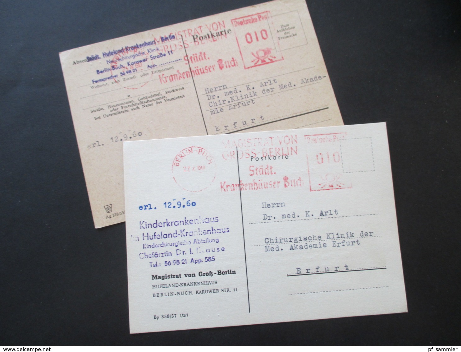 DDR 1960 Postkarte 2 Stk. Jeweils Mit Freistempel Magistrat Gross Berlin Städt. Krankenhäuser Buch Hufeland Krankenhaus - Cartas & Documentos