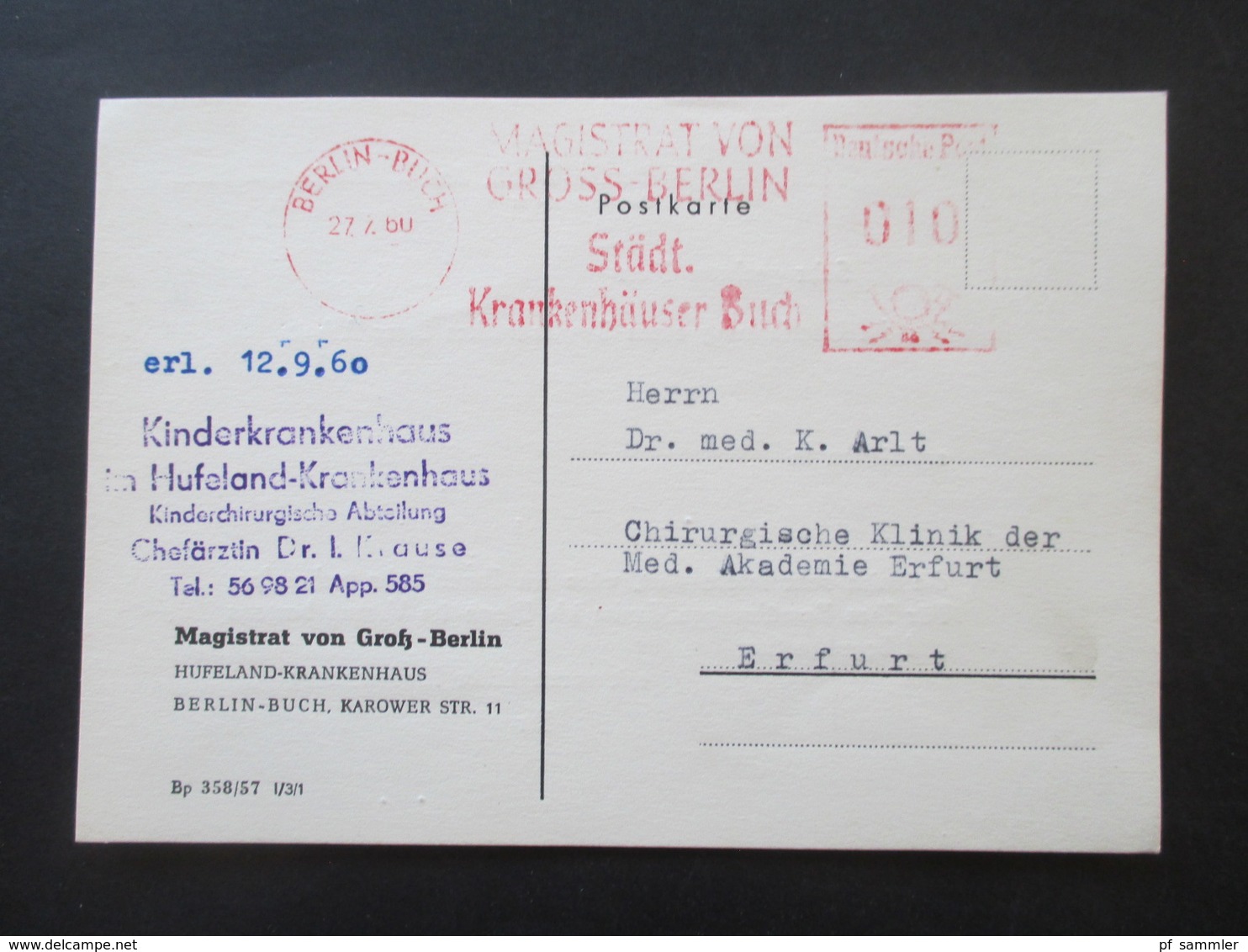 DDR 1960 Postkarte 2 Stk. Jeweils Mit Freistempel Magistrat Gross Berlin Städt. Krankenhäuser Buch Hufeland Krankenhaus - Lettres & Documents