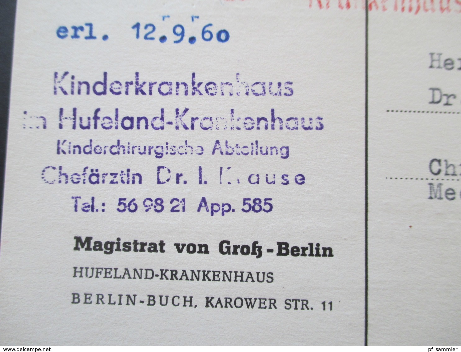 DDR 1960 Postkarte 2 Stk. Jeweils Mit Freistempel Magistrat Gross Berlin Städt. Krankenhäuser Buch Hufeland Krankenhaus - Briefe U. Dokumente