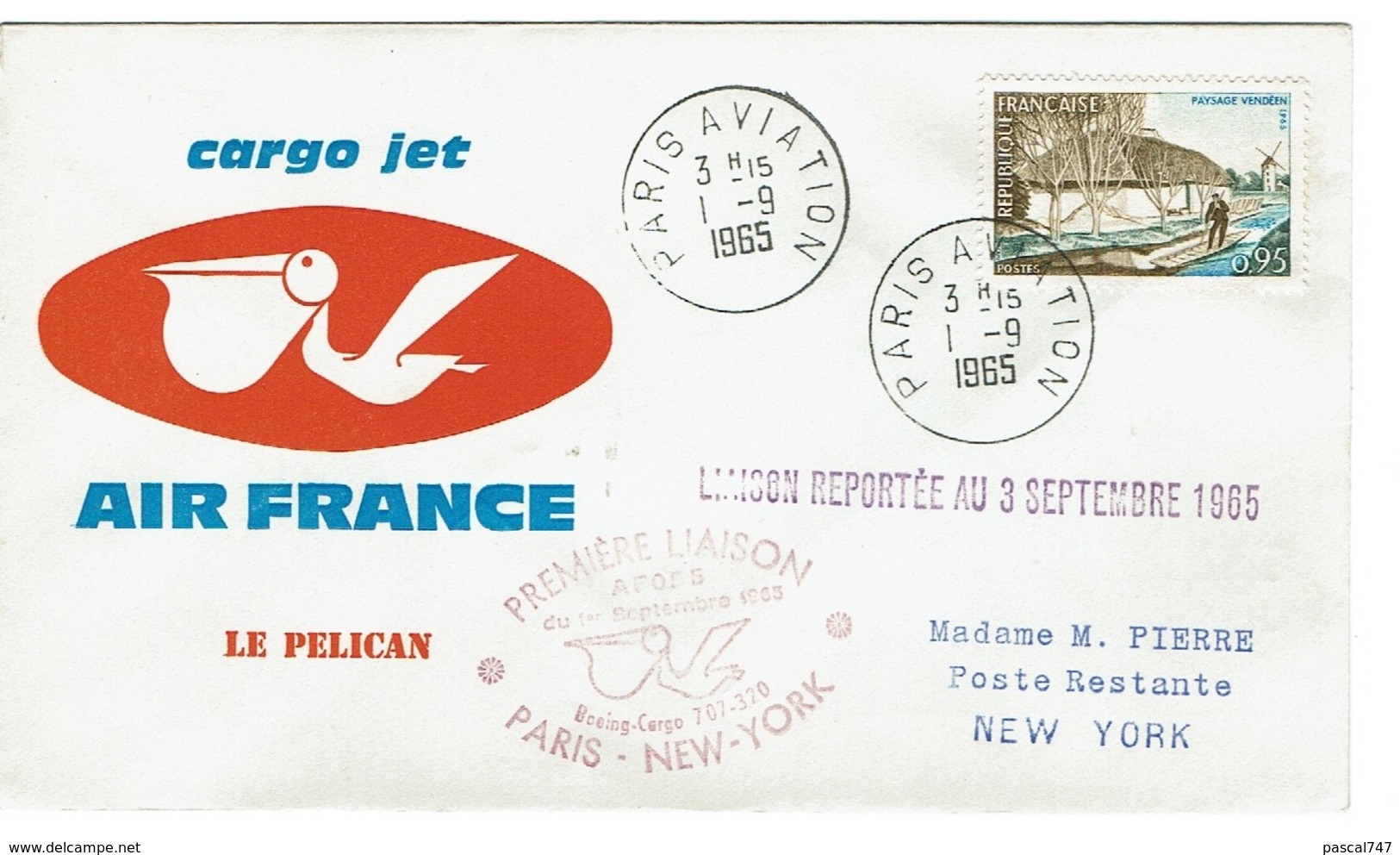 311 Cargo Jet Air France Pelican  New York 1965 Paris - 1960-.... Lettres & Documents