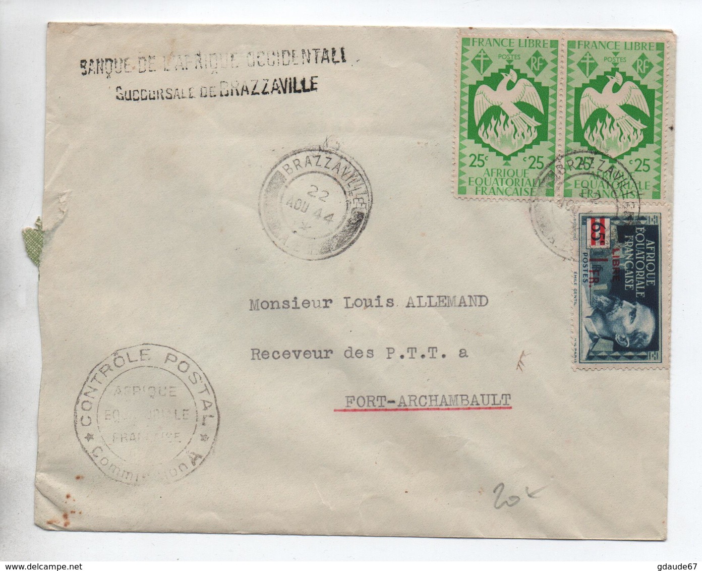 1944 - ENVELOPPE De BRAZZAVILLE (CONGO / AEF) Avec CENSURE Pour FORT ARCHAMBAULT - Cartas & Documentos