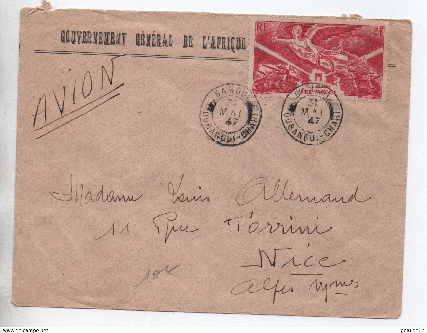 1947 - ENVELOPPE De BANGUI (OUBANGUI CHARI) Pour NICE - AEF - Lettres & Documents