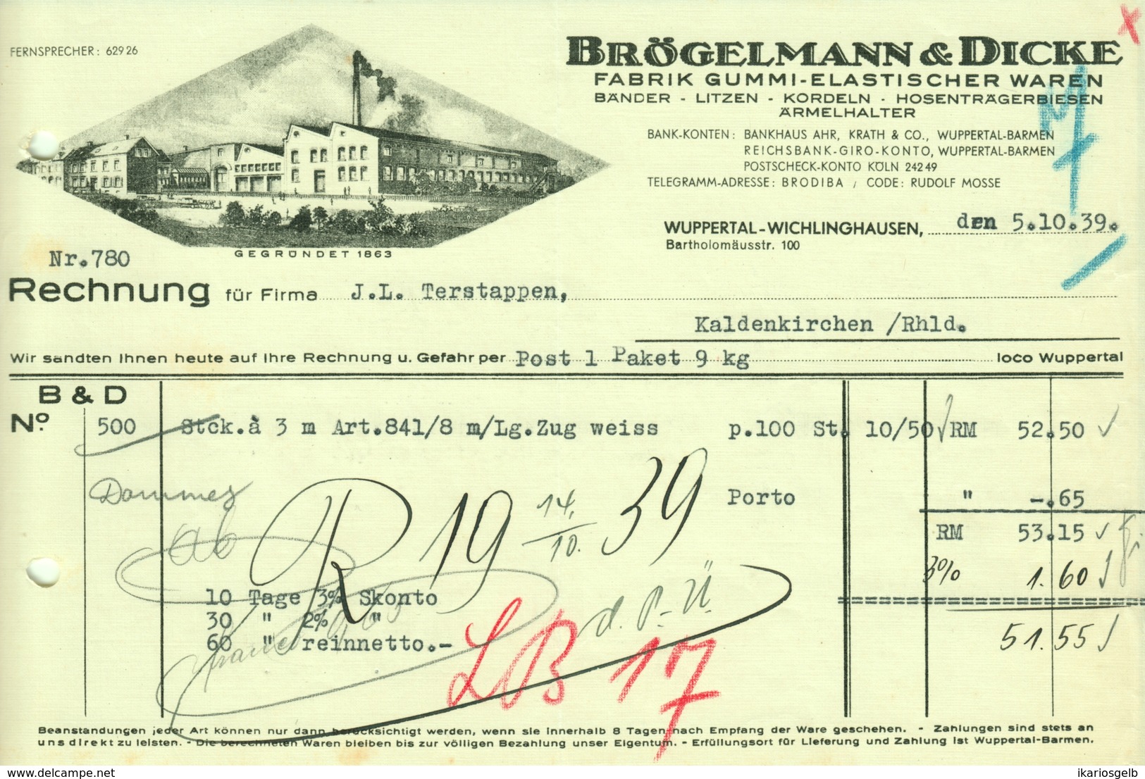 WUPPERTAL Wichlinghausen Rechnung 1939 Deko " Brögelmann & Dicke - Bänder Litzen Kordel Hosenträger Ärmelhalter" - Textile & Vestimentaire