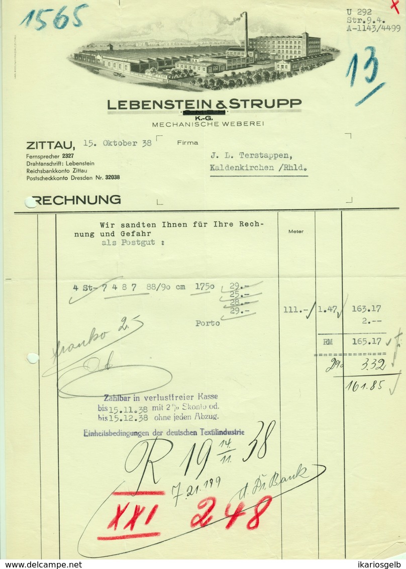 ZITTAU Sachsen Rechnung 1938 Deko " Lebenstein & Strupp - Mechanische Weberei " - Textile & Clothing