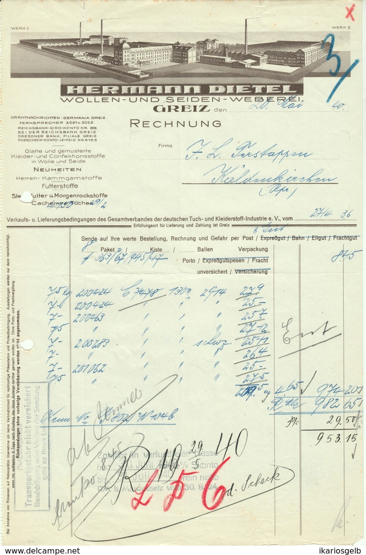 GREIZ Thüringen Rechnung 1936 Deko " Hermann Dietel - Wollen- U. SEIDEN-Weberei " - Textilos & Vestidos