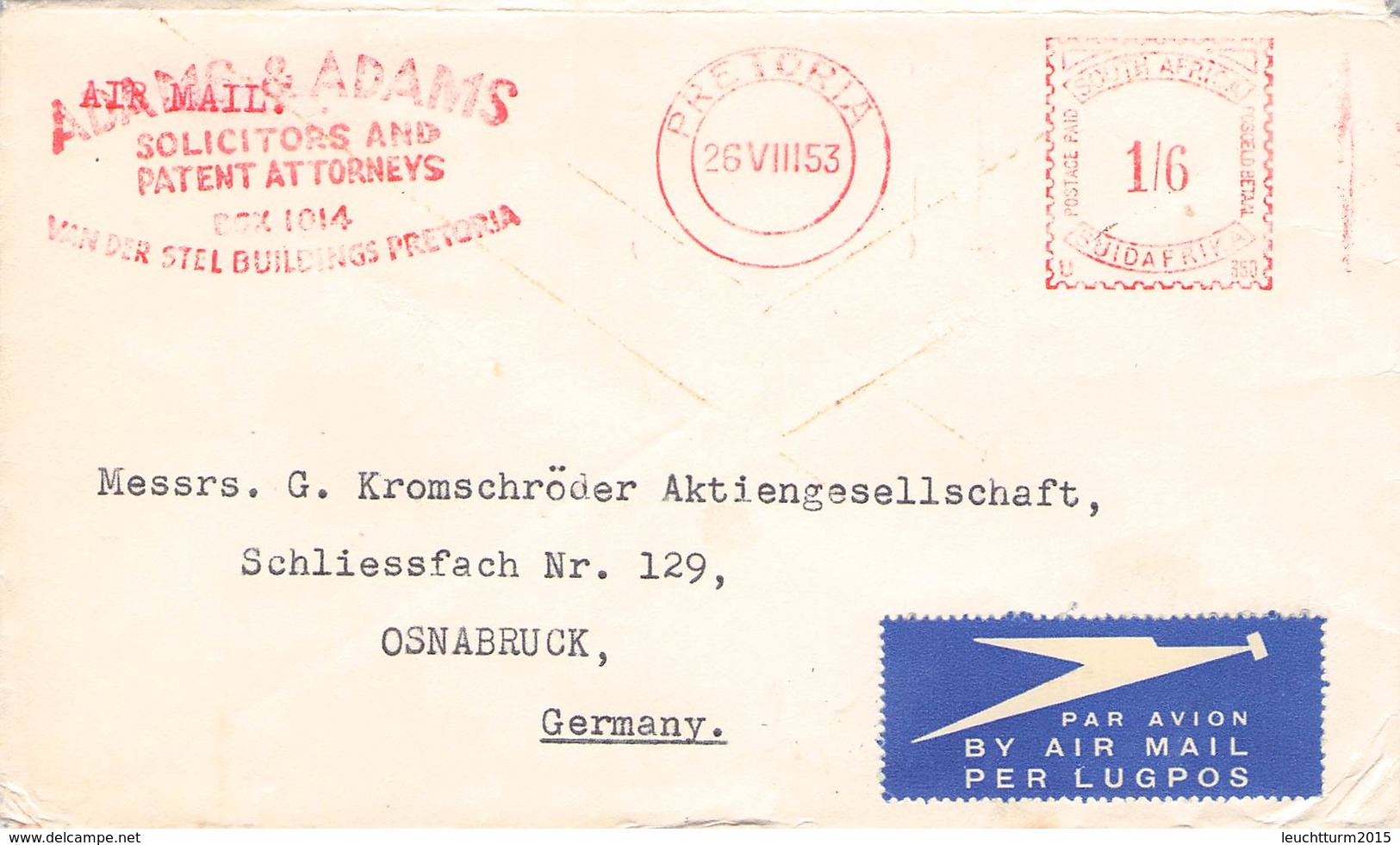 SÜDAFRIKA - AIRMAIL 1953 PRETORIA - OSNABRÜCK /METER/ /ak686 - Poste Aérienne