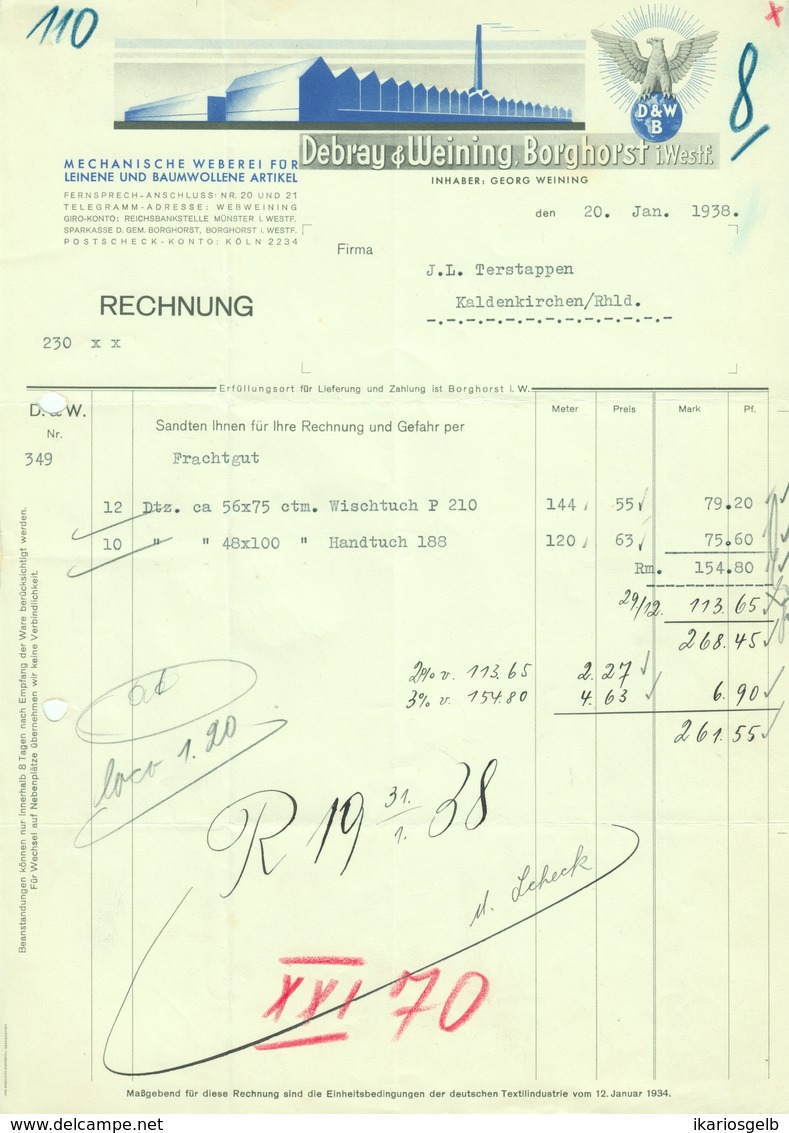 BORGHORST Westfalen Rechnung 1938 Deko " Debray&Weining - Weberei Für Leinen U Baumwolle " - Textilos & Vestidos