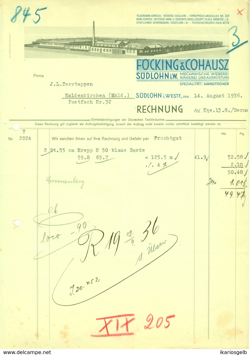 Südlohn Westfalen Rechnung 1936 Deko " Föcking&Cohausz - Handtuch-Weberei Näherei  " - Textilos & Vestidos