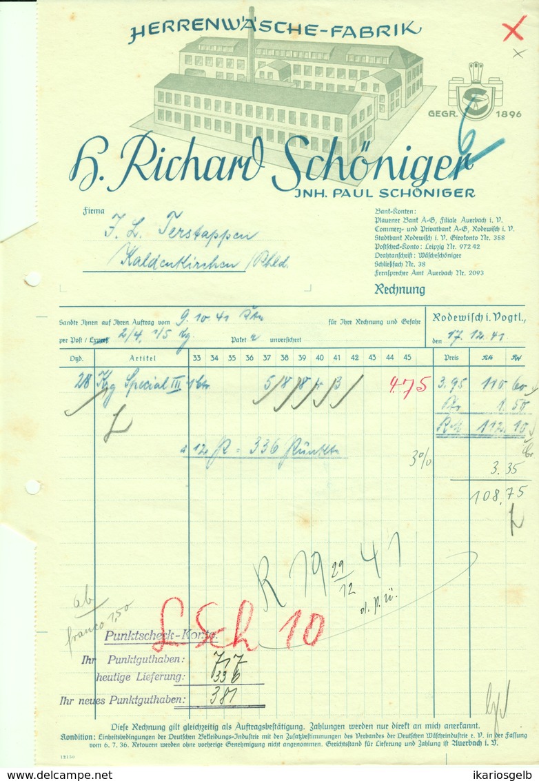 RODEWISCH Vogtland Sachsen Rechnung 1941 Deko " H.Richard Schöniger - Herrenwäsche-Fabrik " - Textile & Clothing