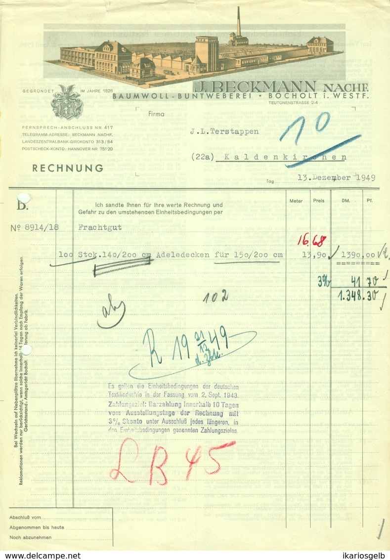 BOCHOLT Westfalen Rechnung 1949 Farbig Deko " J.Beckmann Nachf. - Baumwoll- Und Buntweberei " - Textilos & Vestidos