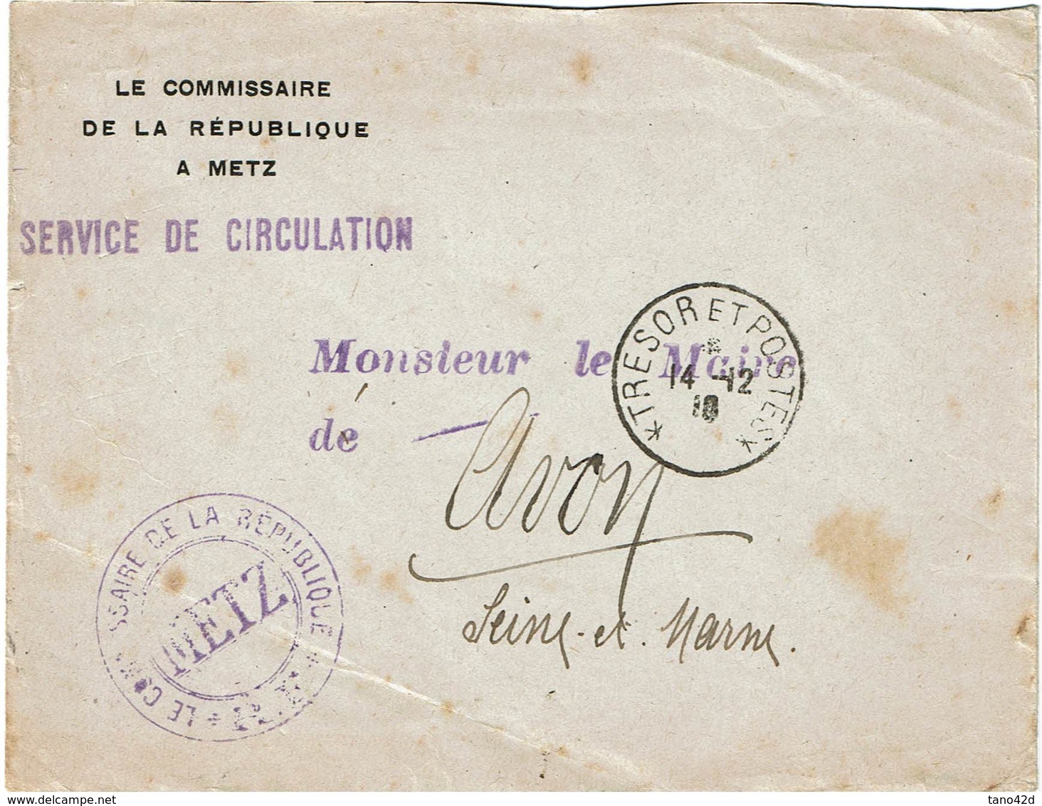 CTN60/1 -  LETTRE DE SERVICE COMMISSAIRE DE LA REPUBLIQUE METZ / AVON 14/12/1918 - Guerre Mondiale (Première)