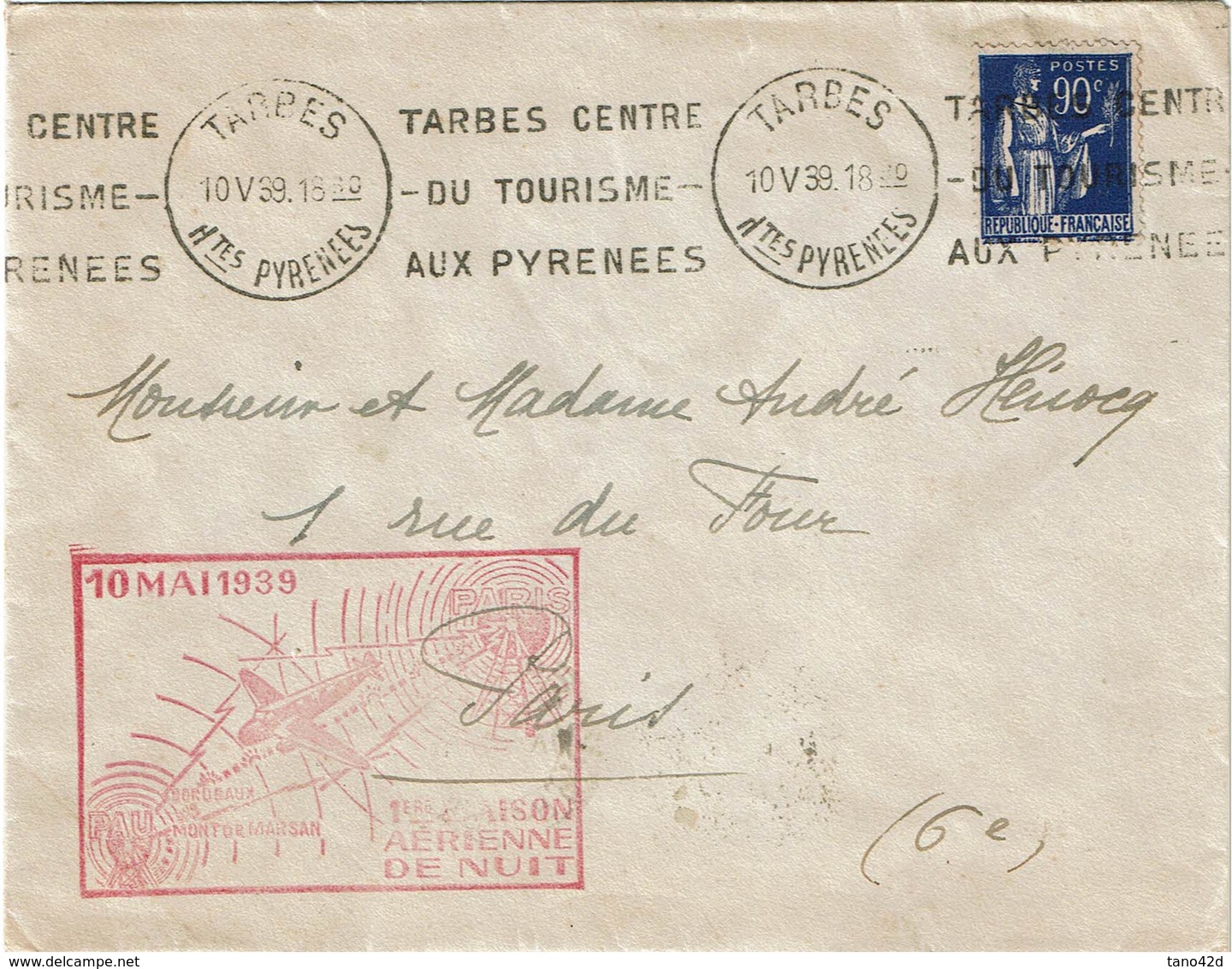CTN60/1 -  1ére LIAISON AERIENNE DE NUIT TARBES / PARIS 10/5/1939 - 1960-.... Lettres & Documents