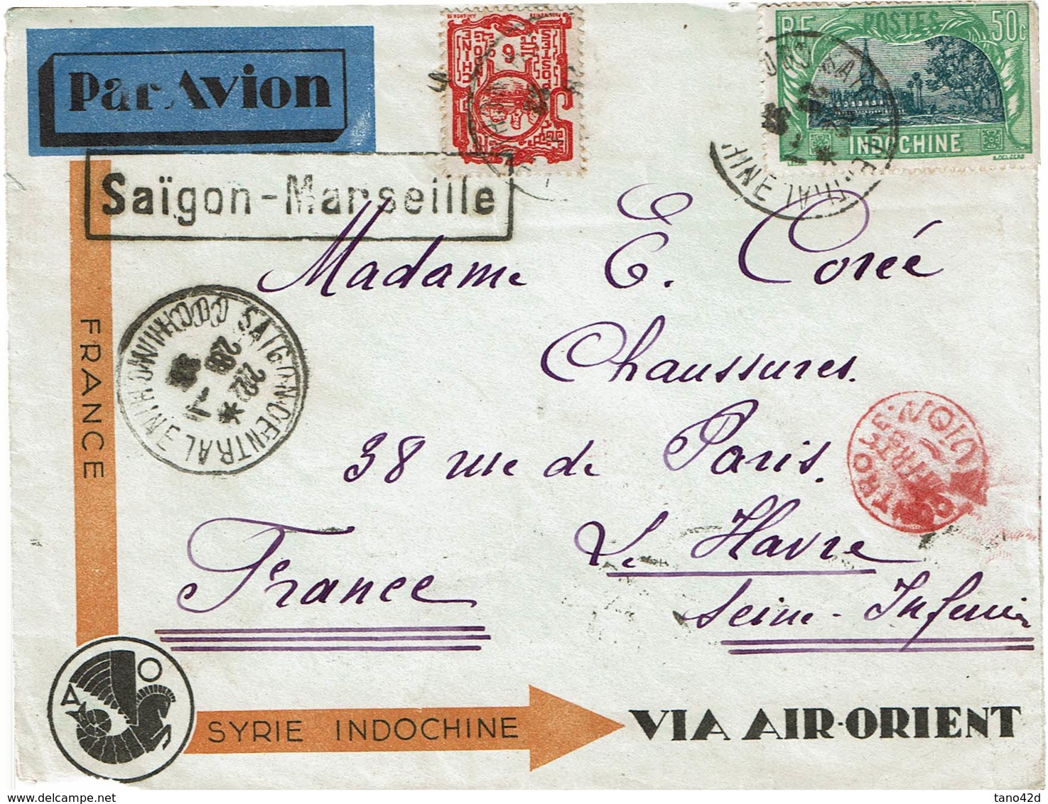 CTN60/1 -  DEVANT DE LETRE SAIGON/MARSEILLE 28/1/1933 VIA AIR ORIENT CACHET CONTRÔLE AVION - 1960-.... Lettres & Documents