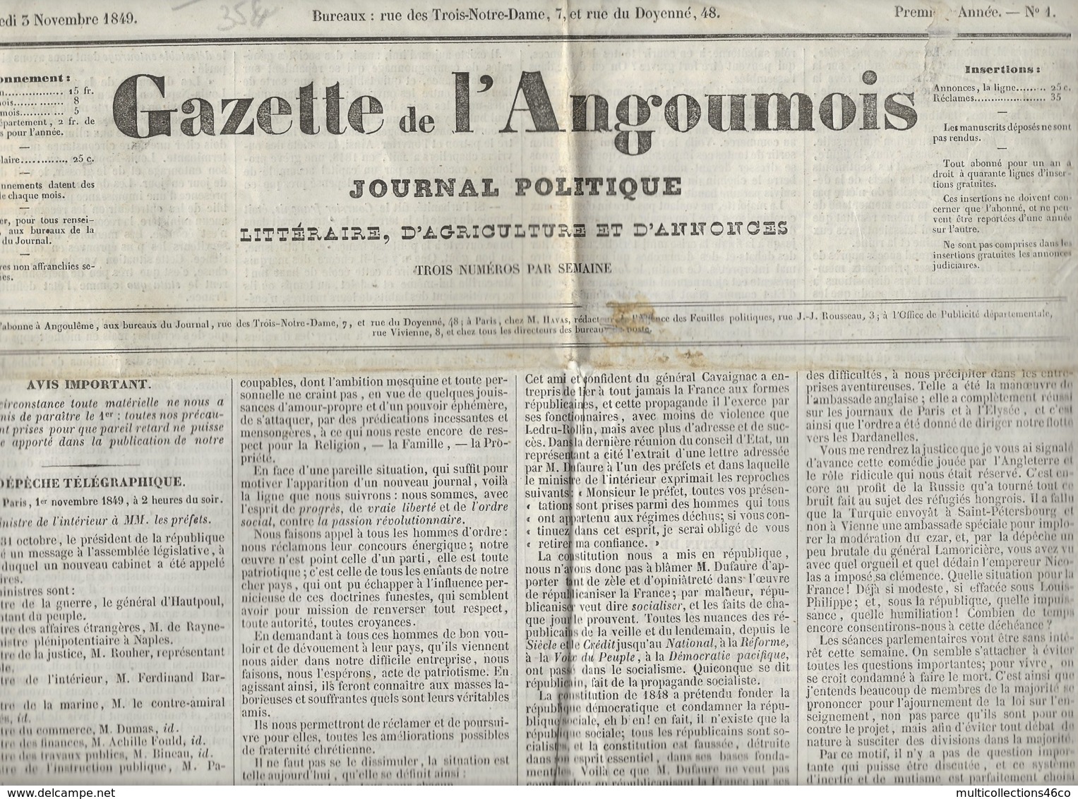 240320B - ANGOULEME 1849 JOURNAL N° 1 GAZETTE DE L'ANGOUMOIS Politique Agriculture Littérature Annonce - 1800 - 1849