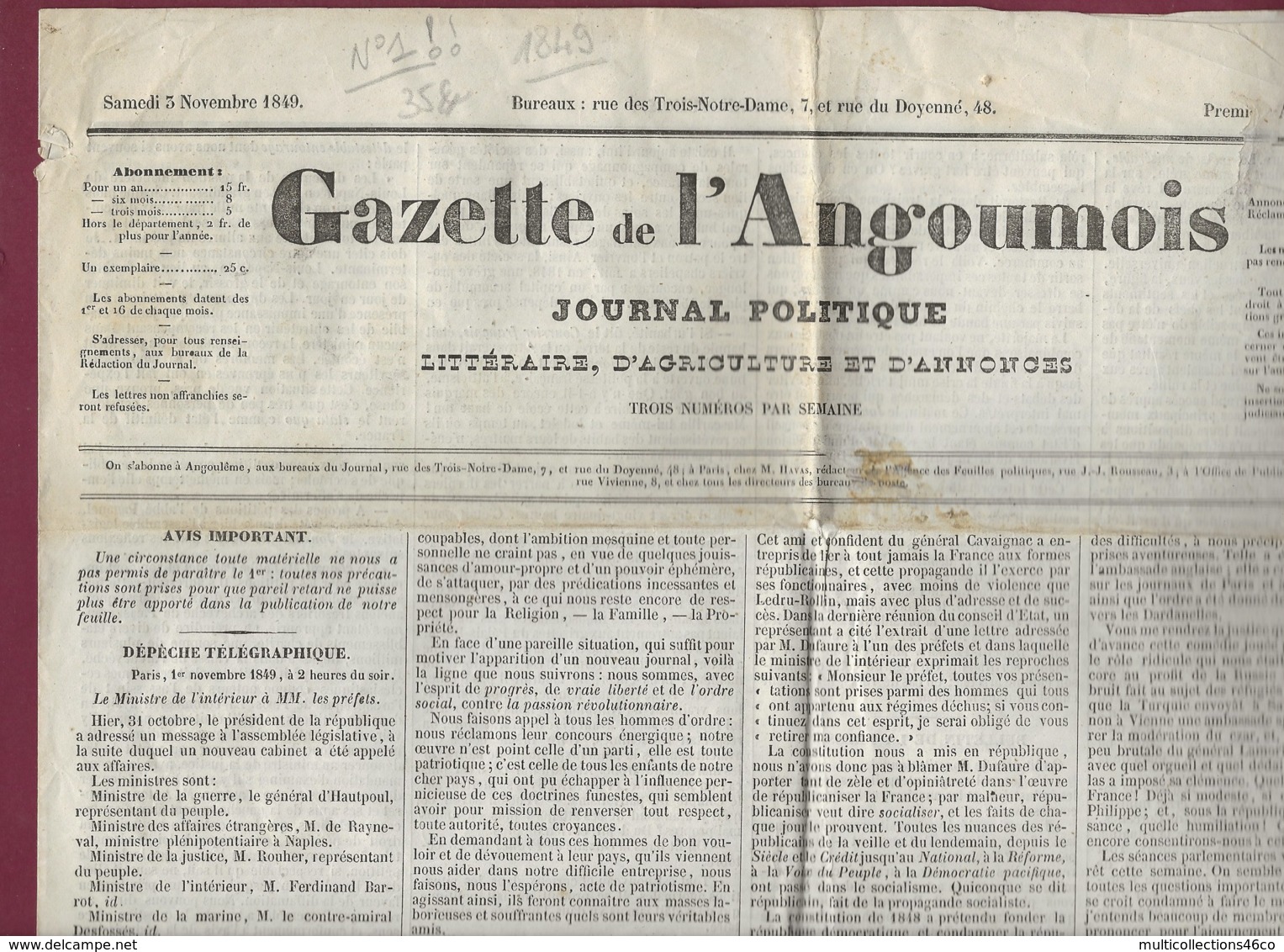 240320B - ANGOULEME 1849 JOURNAL N° 1 GAZETTE DE L'ANGOUMOIS Politique Agriculture Littérature Annonce - 1800 - 1849