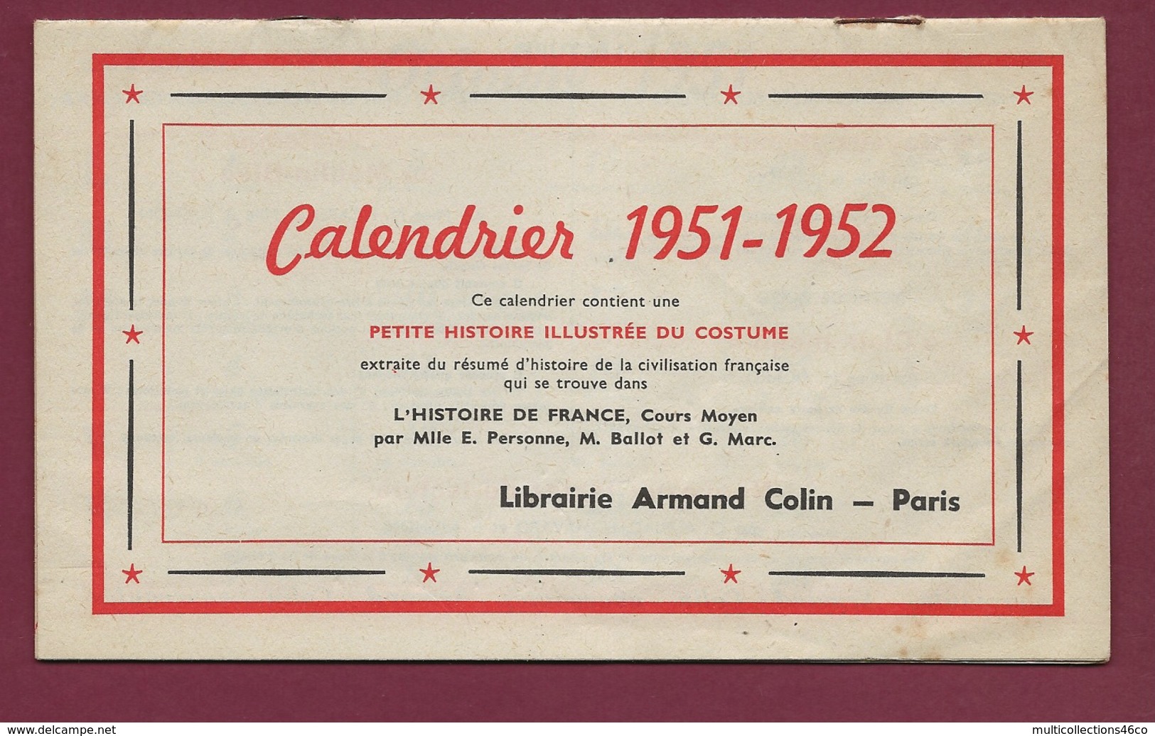 240320B - 1951 1952 CALENDRIER Armand COLIN Paris Petite Histoire Illustrée Du Costume - Petit Format : 1941-60