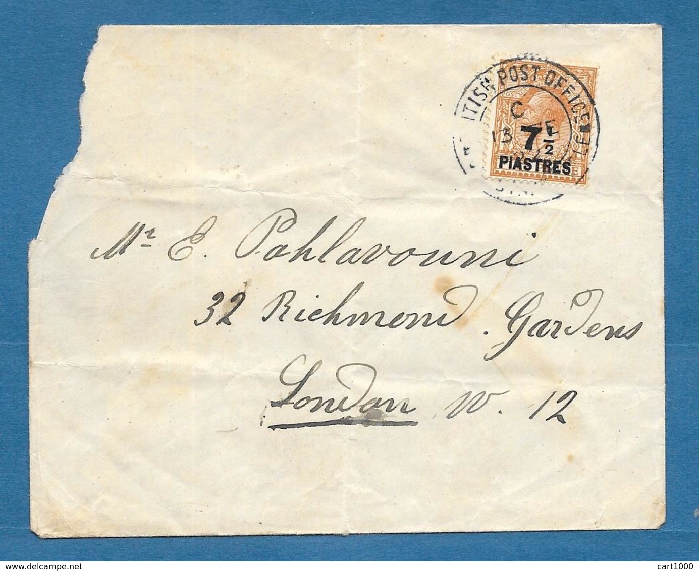 BRITISH POST OFFICE CONSTANTINOPLE SURCHARGE 7 1/2 PIASTRES 1922 - Levante Britannico