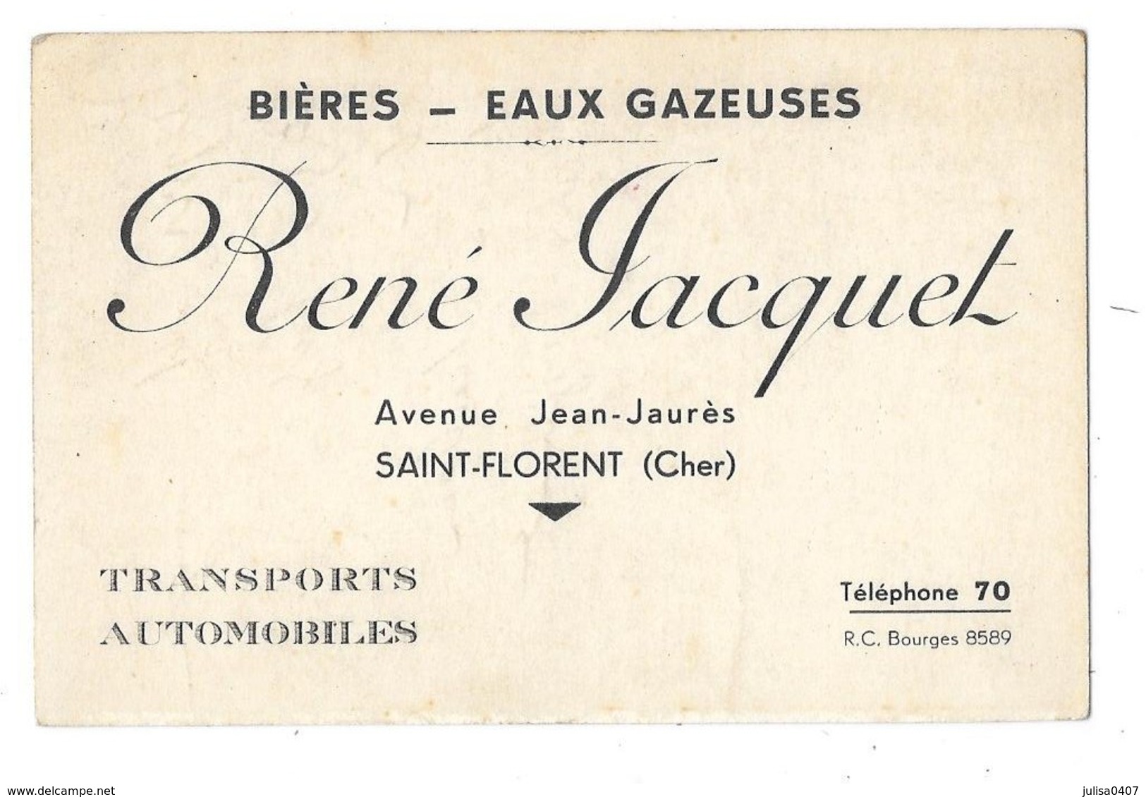 SAINT FLORENT SUR CHER (18) Carte De Visite Bières Eaux Gazeuses René Jacquet - Saint-Florent-sur-Cher