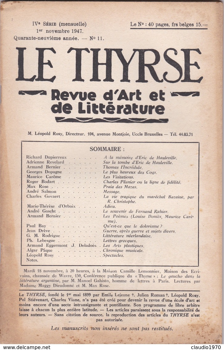 LE THYRSE - REVUE D' ART ET DE LITTèRATURE N° 11 ANNO 1947 IV° SèRIE (MENSUELLE) - 1900 - 1949